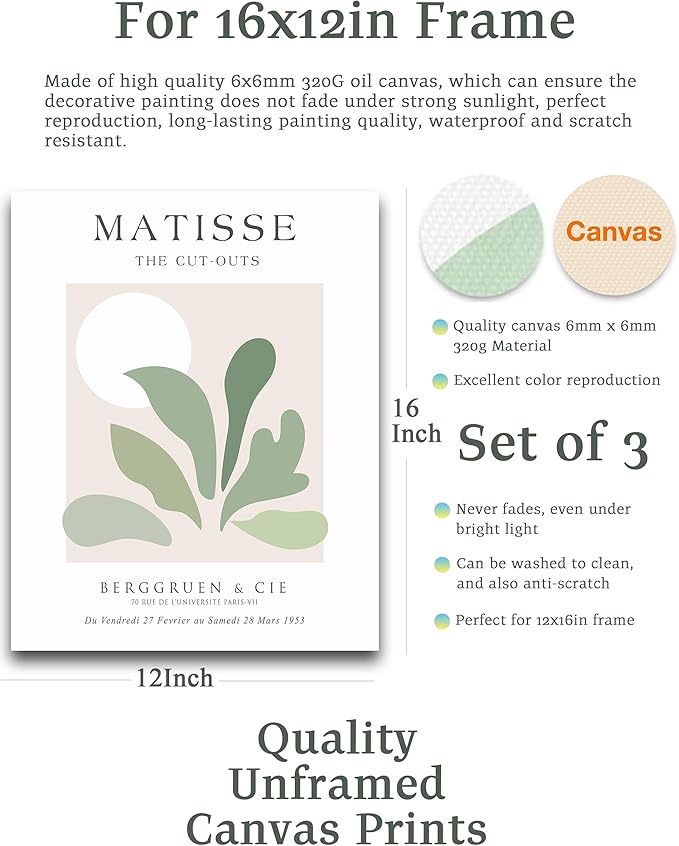 Unframed Sage Green Wall Art Set of 3,12x16IN Abstract Matisse Wall Decor,Quality Canvas Prints Posters Decoration for Bathroom Living Room Bedroom, Unframed