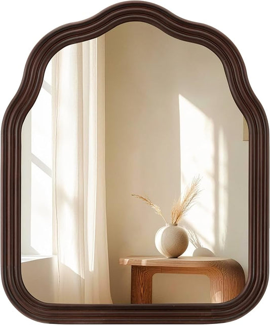 Tanmicoshomy Wood Arch Bathroom Mirror 30x36 Inch, Rustic Wavy Wooden Framed Mirrors with Tempered Glass for Living Room, Bedroom or Entryway (Dark Brown)