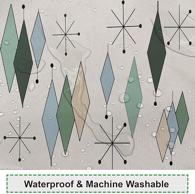 Mid Century Shower Curtain Modern Abstract Diamond Geometric Atomic Starburst Pattern for 1950s Retro Bathroom Decor Accessories Shower Curtain Set with 12 Hooks, 60x72 Inches