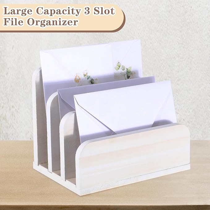 Briwooody Wooden Mail Organizer 3 Slots Mail Holder for Desk Wood File Paper Letter Holder for Letter Envelope Filing Cell Phone Document Storage, Organizer Tray for Office and Home(White)