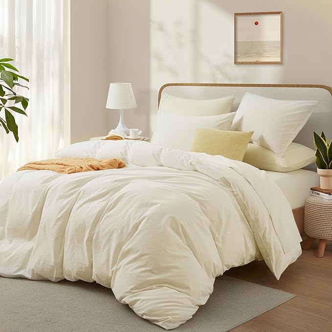 Cream White Cotton Duvet Cover Full Size, Linen-Like Natural Bedding Set with Zipper Closure (No Comforter), Full Size, Duvet Cover (80"x90") x 1, Pillowsham(20"x26") x 2
