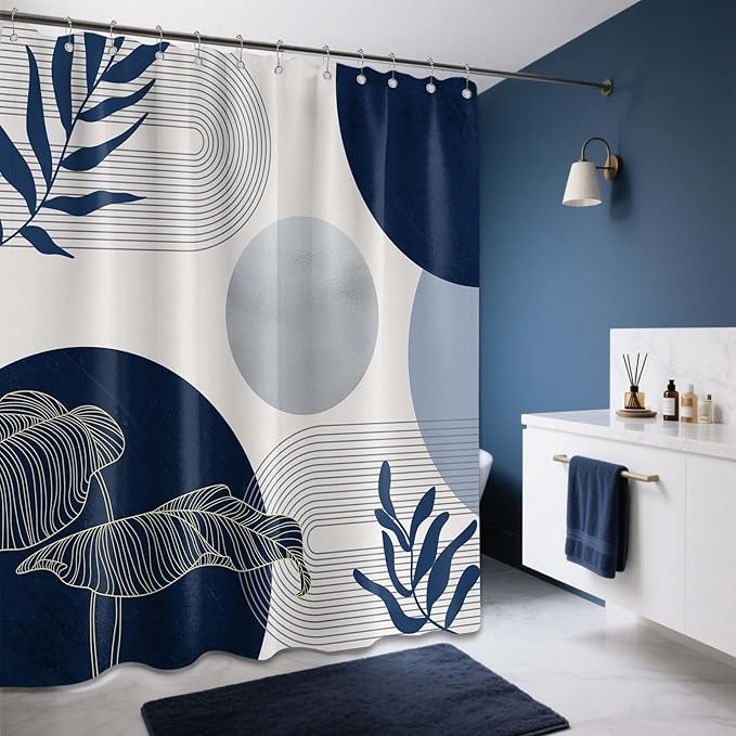 Navy Blue and White Shower Curtain Mid Century Modern Dark Blue Boho Shower Curtains for Bathroom Decor MCM Mens Cool Bath Curtain Set, Waterproof Fabric with Hooks 70 x 72 Inch