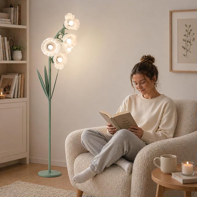 5 Light Flower Floor Lamp for Living Room,3 Color Temperatures, LED Arc Floor Lamp with Foot Switch,Cute Floral Standing Lamp for Bedroom,Curves Tall Lamp for Living Room Corner (Bulbs Included)