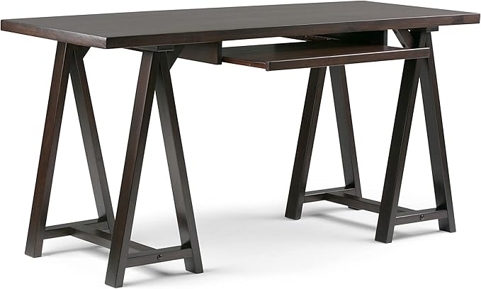 SIMPLIHOME Sawhorse Desk - 60 Inch Wide Solid Wood Writing Desk in Dark Chestnut Brown, Modern Industrial Home Office Computer Table for Workspace with Sawhorse Base and Integrated Keyboard Tray