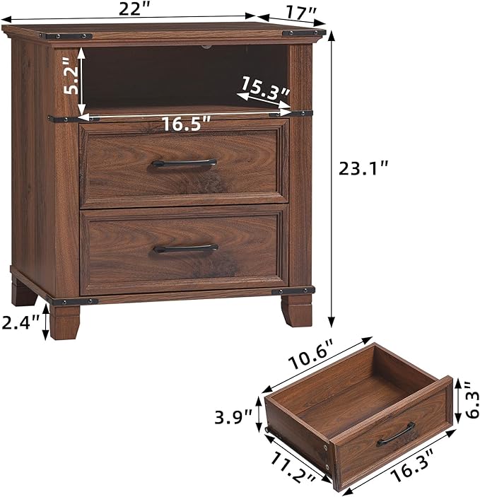 22" Nightstand, Farmhouse Nightstand with 2 Drawers,Industrial Bedside Table with Open Shelf for Bedroom Living Room,Office Bed Side Tables Couch End Table,Brown