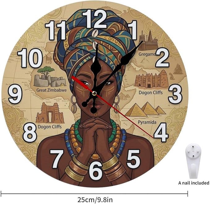 Afrocentric African Map Wooden Wall Clock Silent Non Ticking for Living Room Bedroom Kitchen Office Home Decor Unique Gift 10/12 Inch Frameless