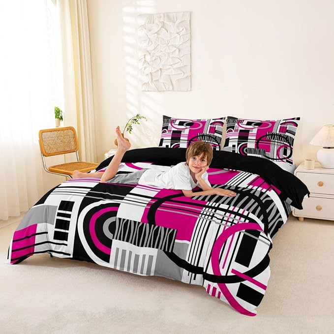 Art Deco Mid Century Duvet Cover Set Retro Modern Abstract Geometric Queen Bedding Set for Preteen Boys Girls Black and White Hot Pink Circles Stripes Comforter Cover Contemporary Bed Sets