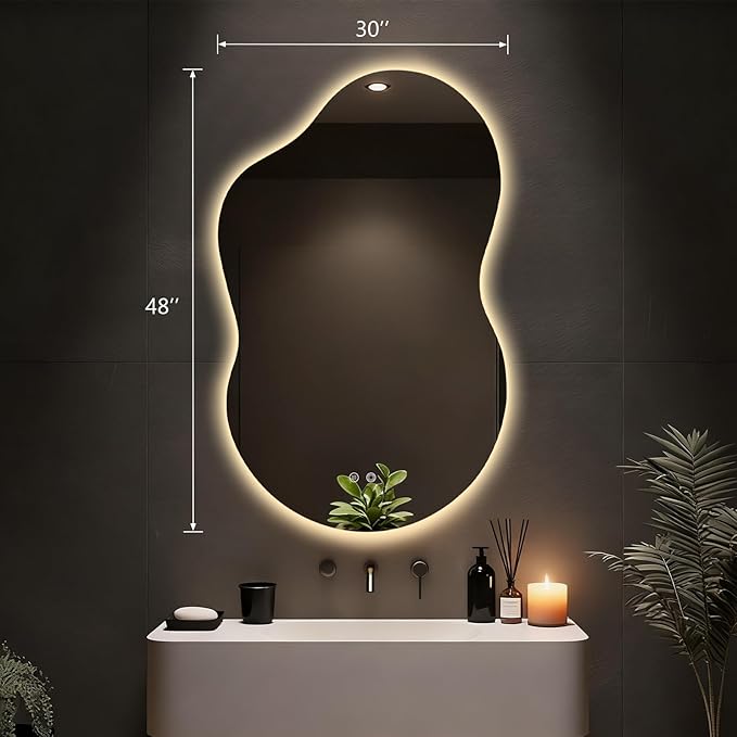 Asymmetrical Lighted Mirror for Bathroom,Modern LED Vanity Mirror with Backlit,Fog-Free,Tri-Color Dimmable Lighting with Memory Function,Hardwire Ready [Horizontal/Vertical] 48" H x 30" W