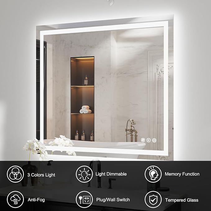 WTTY LED Bathroom Mirror 40"x36" with Back and Front Light,Modern LED Mirror for Bathroom,Stepless Dimmable Lighted Bathroom Vanity Mirror with Anti-Fog,Memory Function,Shatter-Proof