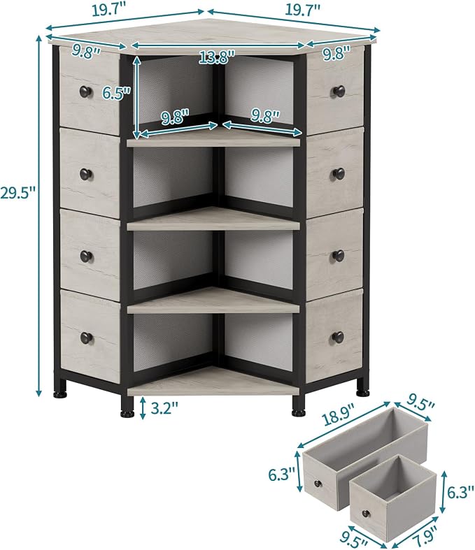 LUMTOK 8 Drawers Corner Dresser with Storage Fabric Drawers and Open Shelves for Small Space，Bedroom，Entryway，Living Room (Greige)