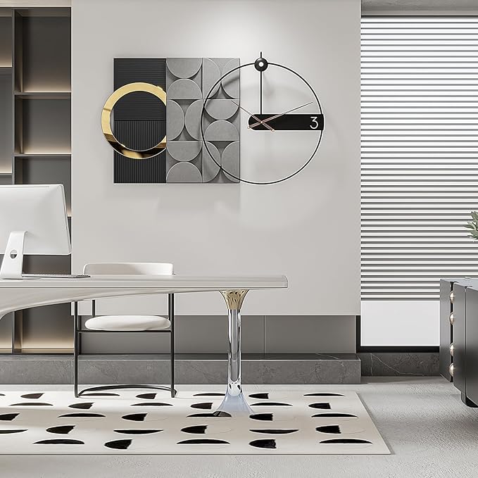 Large Decorative Wall Clock Silent Non-Ticking, Modern Metal Wall Clock Decor for Living Room Office Bedroom Kitchen (Black, 30"X18")