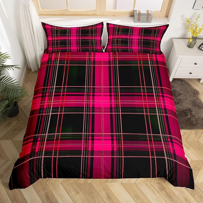 Erosebridal Geometric Plaid Grid Comforter Cover Twin Modern Checkered Tartan Bedding Set for Kids Teens Vintage Pink Black Duvet Cover Farmhouse Cabin Decor Bedroom Decor, Zipper