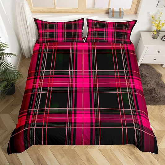 Erosebridal Geometric Plaid Grid Comforter Cover King Modern Checkered Tartan Bedding Set for Kids Teens Vintage Pink Black Duvet Cover Farmhouse Cabin Decor Bedroom Decor, Zipper