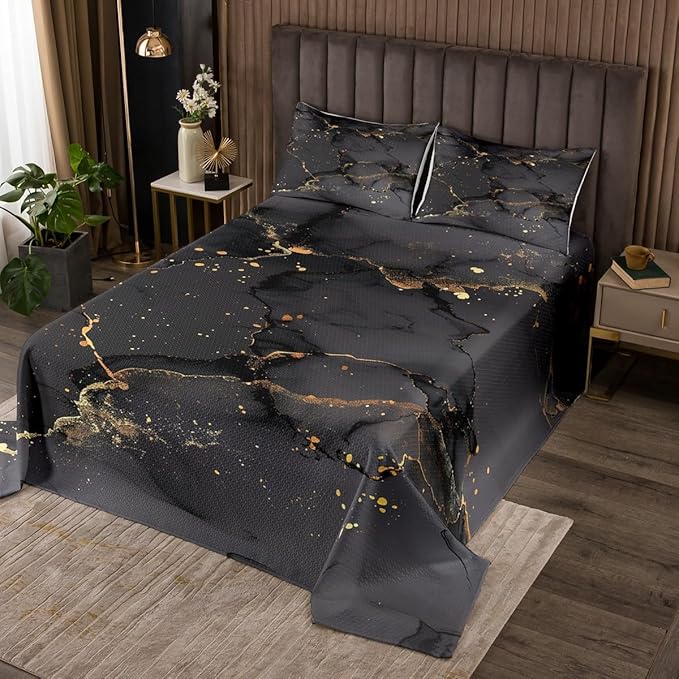 Erosebridal Black Marbling King Quilt Set Gold Metallic Sequin Coverlet Set, Dark Grey Marble Bedding Set Abstract Aesthetic Artwork Bedspread Set, Modern Fashion Bed Quilt Luxurious Room Decor