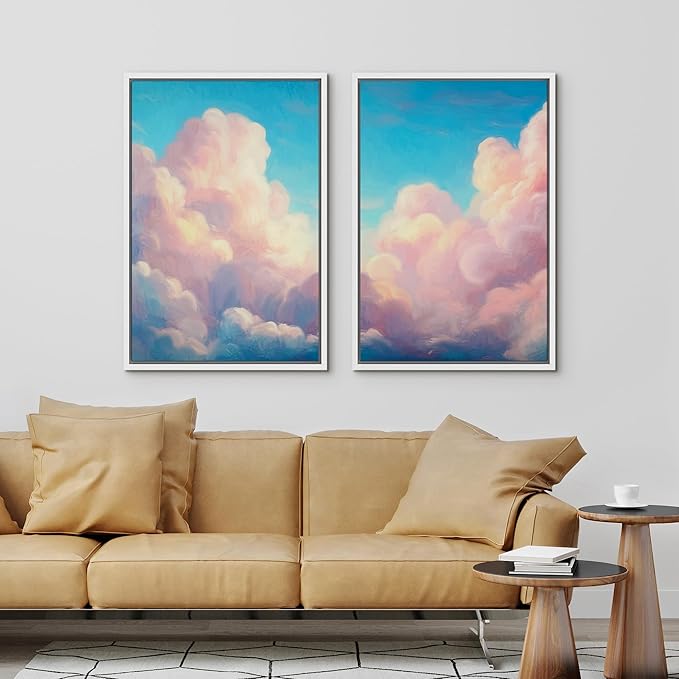 IDEA4WALL Framed Canvas Print Wall Art Set Pastel Sky Cloudscape Dreamy Pink and Blue Clouds Illustrations Modern Art Decorative Coastal Cottage Seascape for Bedroom - 24"x36"x2 BLACK