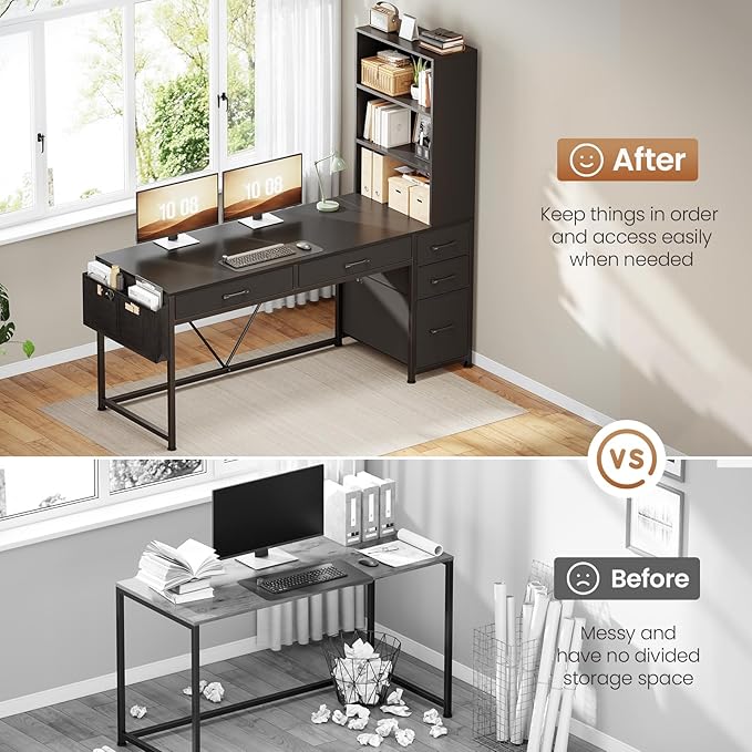 SEDETA Computer Gaming Desk with 5 Drawers and Bookshelf, Reversible Home Office Desk with Storage Shelves and File Drawer, Corner Desk with LED Lights for Small Spaces, Black