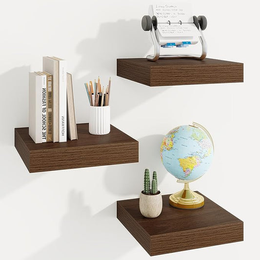 Square Floating Shelves for Wall, 10"W x 10"D x 1.25"H, 3 Packs Small Wall Mounted Engineered Wood Shelves with Invisible Brackets for Living Room, Bedroom, Bathroom, Kitchen Decor, Walnut