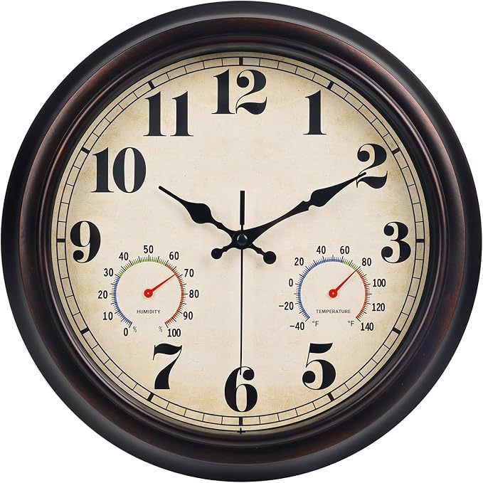 45MinST 13 Inch Red-Brown Vintage Waterproof Wall Clock with Thermometer & Hygrometer, Large Silent Numerals & Accurate Timekeeping for Indoor & Outdoor(Garden,Porch,Pool)