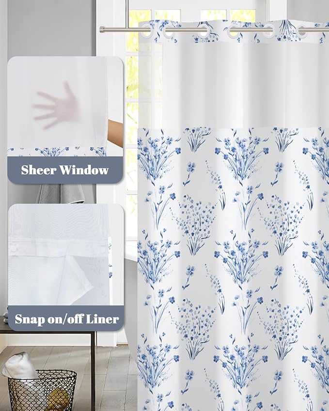 No Hook Bathroom Shower Curtain and Liner Set, Watercolor Blue Floral in White Cloth, Double Layer Waterproof Fabric Bath Tub Curtain with Snap in Liner, See Through Top, 71 x 74 Inch