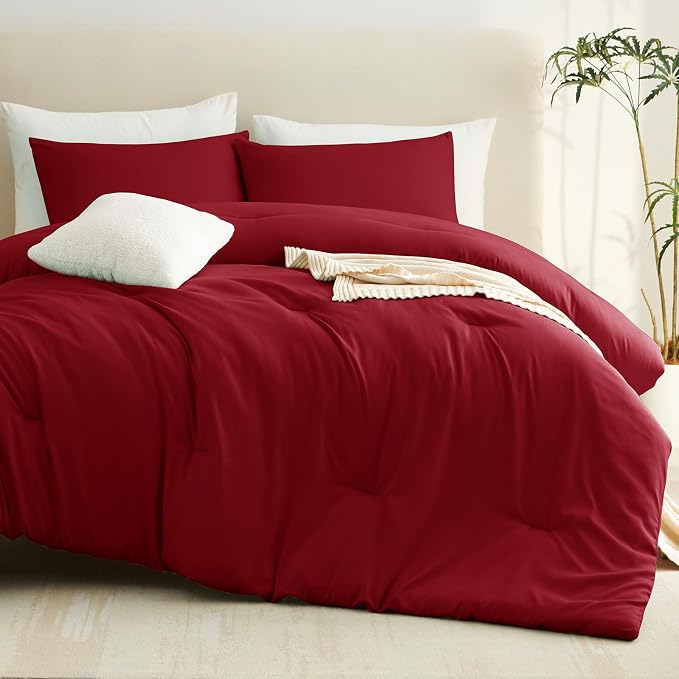 CozyLux Twin Comforter Set College Dorm Essentials, 2 Pieces Dark Red Twin Extra Long Solid Bedding Sets, Twin XL Bed Set with Down Alternative Comforter and 1 Pillowcase, Back to School Room Gift
