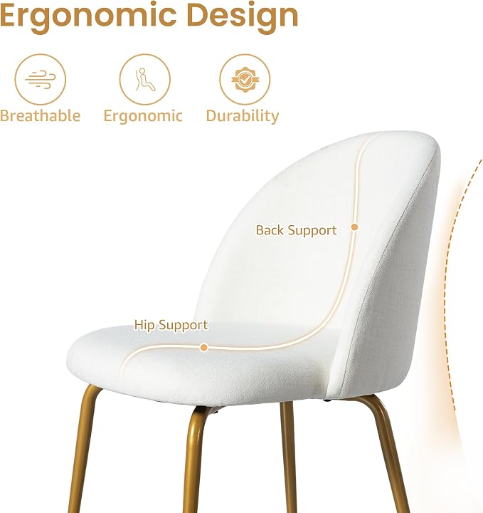 Casaphoria Dining Chairs Set of 2, Modern White and Gold Upholstered Accent Chairs with Metal Legs, Ergonomic Comfy Vanity Chair for Kitchen, Living Room, and Bedroom