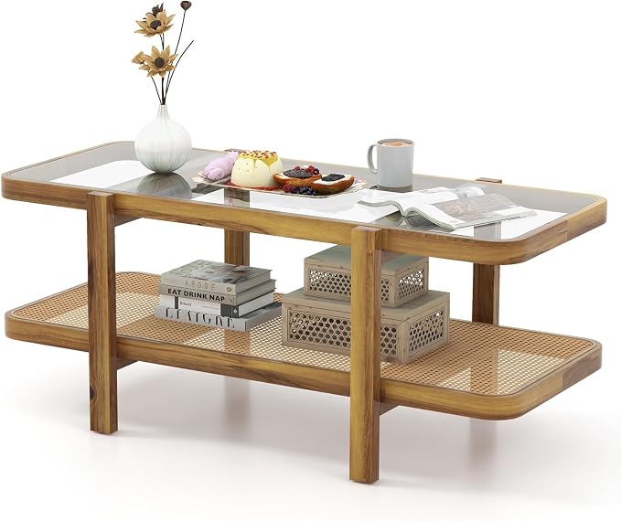 Giantex Rattan Coffee Table, 47.5" Rectangle Solid Wood Tea Table w/Tempered Glass Tabletop, Rattan Storage Shelf, 2-Tier Boho Coffee Tables, Farmhouse Center Table for Living Room (Oak)