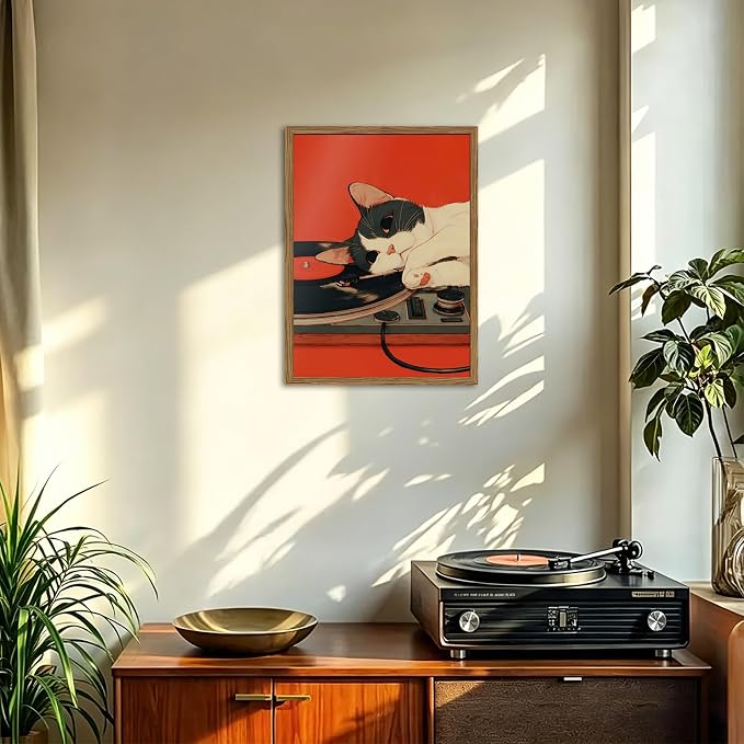 Cute Black and White Cat Wall Art Vintage Japanese Vinyl Record Wall Decor Painting, Retro Music Lover and Animal Poster Canvas Print Picture for Living Room Bedroom 12x16 inch Wood Framed