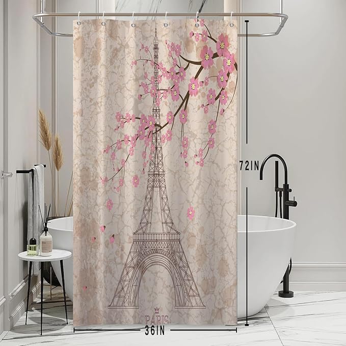 Paris Eiffel Tower Shower Curtain Pink Cherry Blossom Vintage Romantic France Scenery Shower Curtains Stall Bathroom Accessories Waterproof Polyester Fabric with Hooks, 36 x 72 Inch
