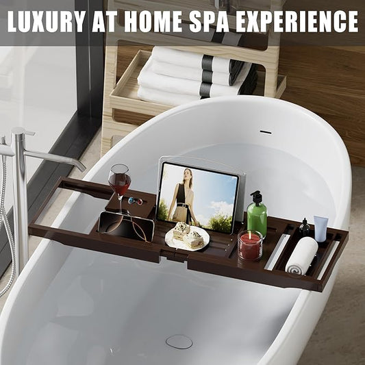 Foldable Bathtub Caddy Tray for Tub,Bamboo Expandable Bath Table Trays,Premium Bathroom Accessories for New Home & Mothers Day & Birthday Gifts for Couples,Brown