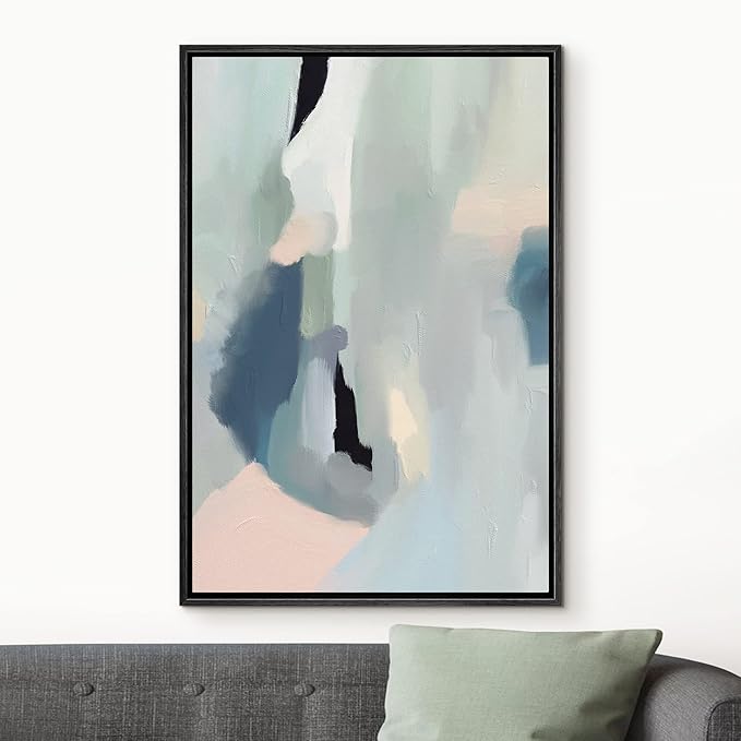 MUDECOR Framed Canvas Print Wall Art Blue Pink Pastel Watercolor Collage Abstract Shape Illustrations Modern Art Decorative Bohemian Colorful Chic for Living Room, Bedroom, Office - 16"x24" Black