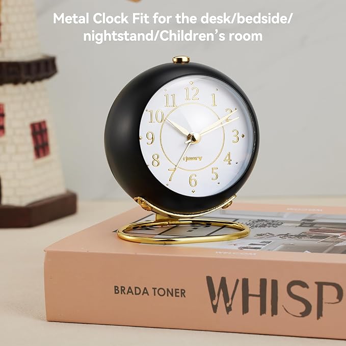 rjuwurv Metal Desk Alarm Clock, Retro Bedroom Table Vintage Analog Silent Non-Ticking Gold Alarm Clock, Bedside Decor(Black)
