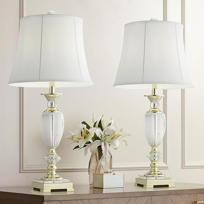 Vienna Full Spectrum Traditional Table Lamps 28 3/4" Tall Set of 2 Brass Clear Faceted Crystal White Fabric Bell Shade Decor for Living Room Bedroom House Bedside Nightstand Home Office Family