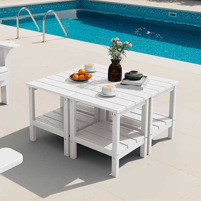 SERWALL 2-Tier HDPE Outdoor Side Tables Set of 4, Weatherproof Rectangular Adirondack Side Table, White