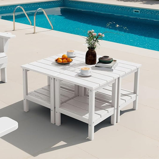 SERWALL 2-Tier HDPE Outdoor Side Tables Set of 4, Weatherproof Rectangular Adirondack Side Table, White