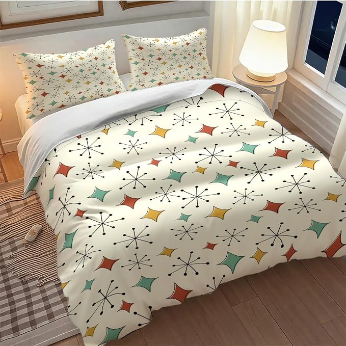 Modern Geometric Bedding Set,1950s 1960s Mid Century Vintage Abstract Atomic Stars Geometric Diamond Pattern Comforter Set with Pillowcase for Bedroom Bed Decor，Twin 86"x70"