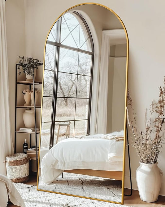 Full Length Mirror with Stand, 76"x34" Arched Full Body Mirror, Large Stand Up Mirrors, Aluminum Frame Floor Standing Mirrors, Freestanding Hanging Leaning Mounted for Bedroom Living Room, Gold