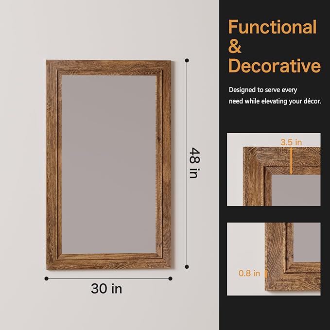 Rustic Wall-Mounted Vanity Mirror, Solid Wood Frame Bathroom Mirror, Farmhouse Style for Living Room, Bedroom, Entryway, Horizontal/Vertical Hanging