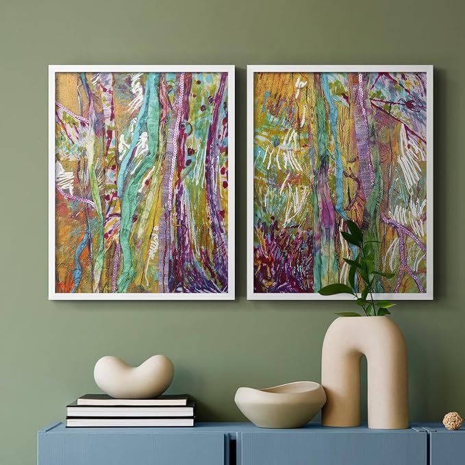 Renditions Gallery Set of 2 Peel & Stick Framed Prints, Modern Abstract Wall Art, Colorful Artistic Painting Wall Decor, Re-Stickable - Ready to Hang - 22"x28" - White Frame LT588