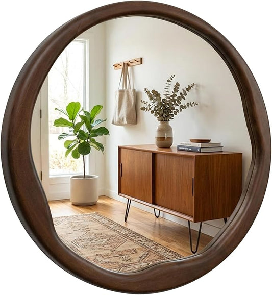 Round Dark Wood Mirror 30 Inch, Large Asymmetrical Wavy Frame Wall Mirror for Foyer, Fireplace, Solid Wood Irregular Luxury Decor