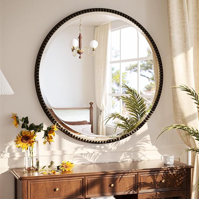 24 Inch Round Bathroom Mirror - Luxurious Retro Beaded Circle Decorative Wall Mirror with PU Frame Hanging Leaning as Art Decor for Entryway, Bedroom, Living Room, Hallway, Bronze