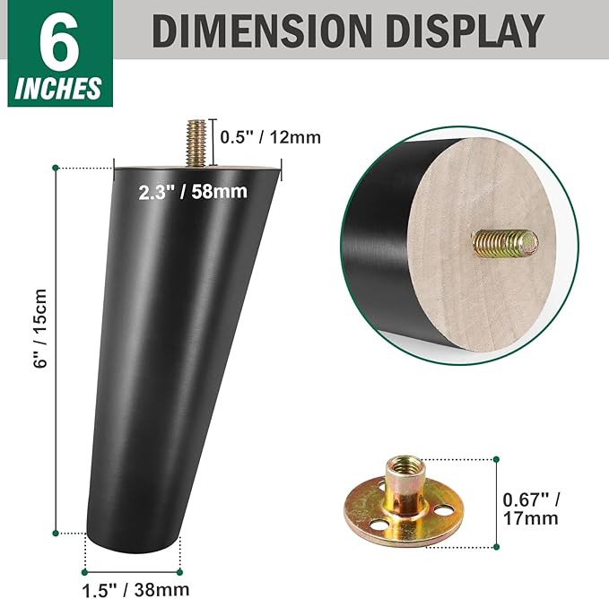 FoDau770 Black Rubber Wood Furniture Legs 6 Inches, Slant Tapered Wood Feet Mid Century Sofa Legs Set of 8, 5/16" UNC Furniture Feet Replacement Parts for Cabinet Couch Dresser Chair Ottoman Table