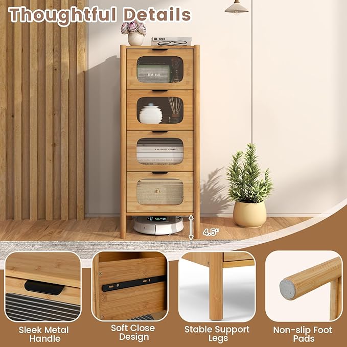 Giantex 4 Drawer Storage Cabinet, Bamboo Storage Organizer with Fluted Tempered Glass Drawers, Mid Century Modern Floor Cabinet for Living Room, Bathroom, Study, Entryway, Natural