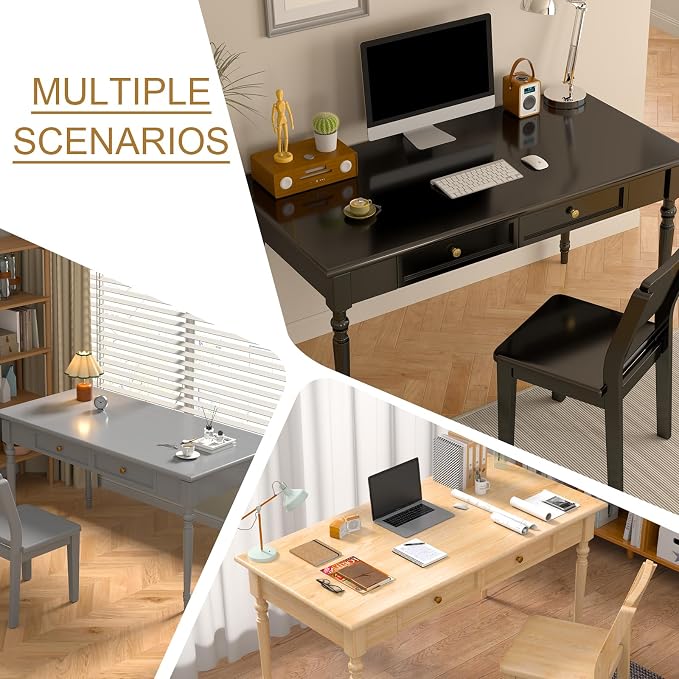 Solid Wood French Country Desk,Writing Desk with Storage Drawers,Farmhouse Computer Table Makeup Table Modern Simple Style,for Home Office Living Room Study Workspace Bedroom (Wood, 47.2IN)