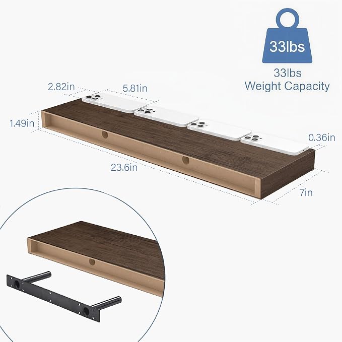 Floating Shelves for Wall, Bathroom Shelves Over Toilet, Wall Shelves & Book Shelf for Room, Hanging Shelf, Modern Wooden Mounted Floating Shelves, 24x7x1.5 in (Smoke Gray, Set of 3)