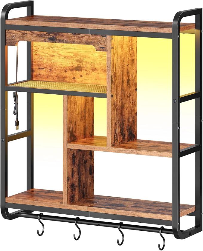 HOOBRO Gaming Floating Shelves with LED Lights, 26.4" LED Wall Mounted Shelf, Modern Corner Shelf 3-Tier Display Rack for Wall Storage, Arched Design, for Living Room, Rustic Brown and Black BF44DBJ01