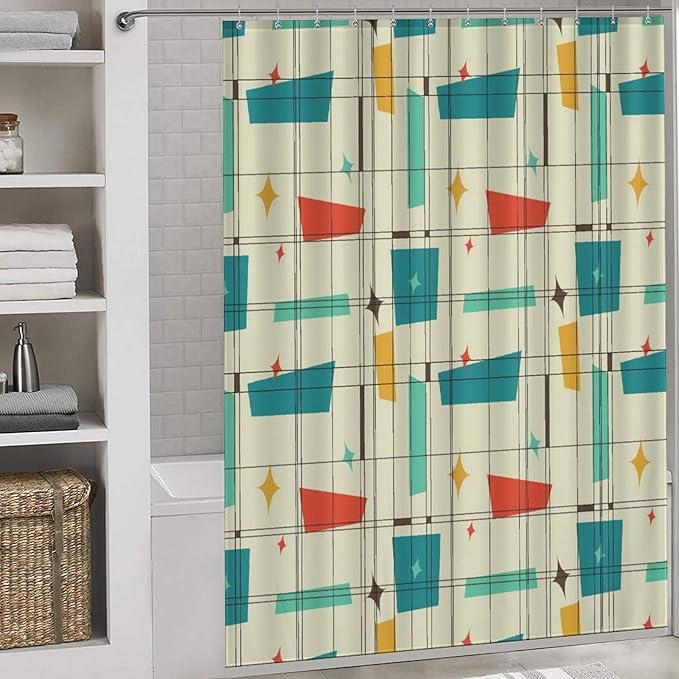 Geometric Shower Curtain for Bathroom, Pastel Mid Century Modern Abstract Geo Print Patterned Retro Style Teal Turquoise Waterproof Fabric Shower Curtain Set with Hooks, 72"x84" Inch