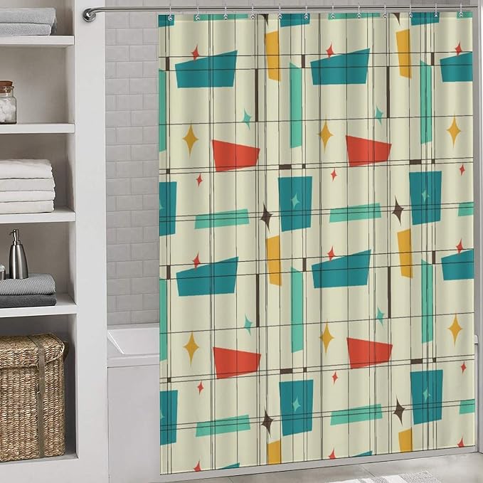 Geometric Shower Curtain for Bathroom, Pastel Mid Century Modern Abstract Geo Print Patterned Retro Style Teal Turquoise Waterproof Fabric Shower Curtain Set with Hooks, 72"x84" Inch