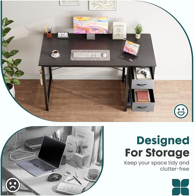 Sweetcrispy 40 Inches Computer Desk with Drawers Home Office Writing Table X-Shaped Reinforcement Modern Work Surface Side Hook Sturdy Metal Frame Large Space Storage Organization Black