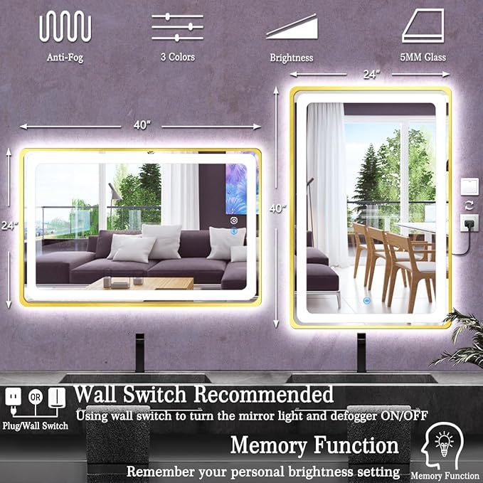 24 x 40 Inch Gold Vanity Mirror with Lights Smart Memory 3 Color Dimmable AntiFog 40 Gold Frame Lighted mirror for Bathroom Salon Horizontal/Vertical Wall Mounted LED Makeup Mirror with Light