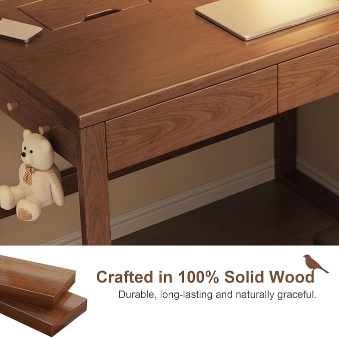 2-Drawer Writing Desk, Mid Century Modern Desk with Cable Management Box, Small Wooden Vintage Computer Desk, Study Table for Home Office(80x55x75cm, Brown)